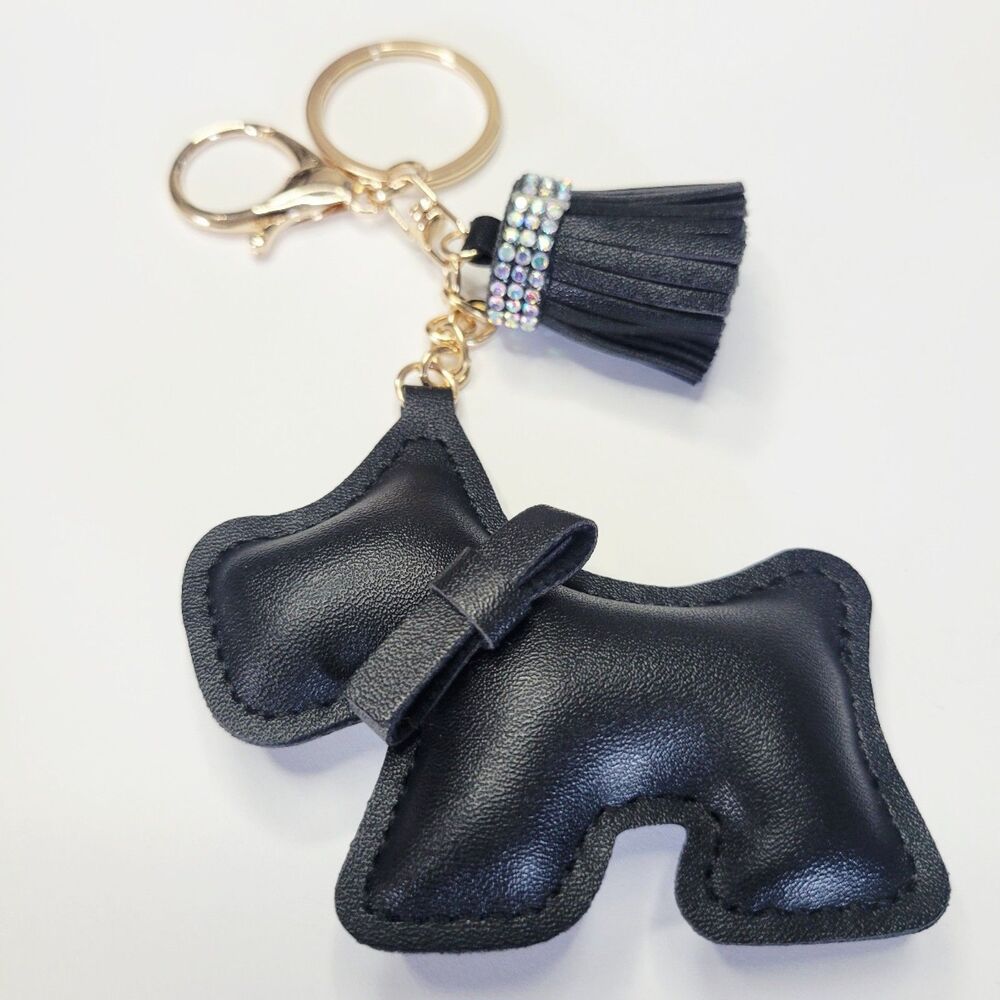 NWT Schnauzer Terrier Keychain Bag Charm Black Leatherette, Gold Color W Tassel